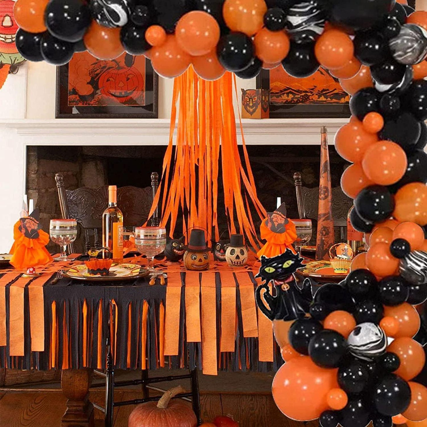 85pcs Halloween Balloon Garland Arch Kit, Black Orange Balloon Arch Garland Kit with Foil Cat Pumpkin Balloon and Marble Balloons for Halloween - Hibrides