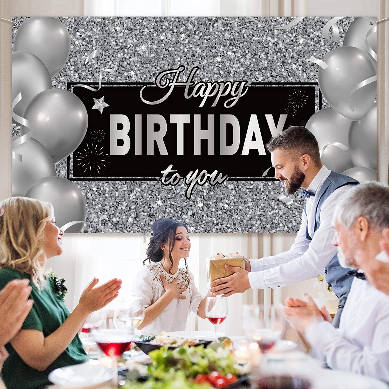 Silver Happy Birthday Banner Backdrop Silver Birthday Party Decorations Black White Balloons - Hibrides