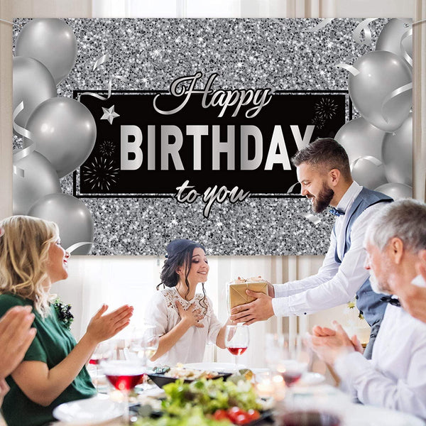 Silver Happy Birthday Banner Backdrop Silver Birthday Party Decorations Black White Balloons - Hibrides