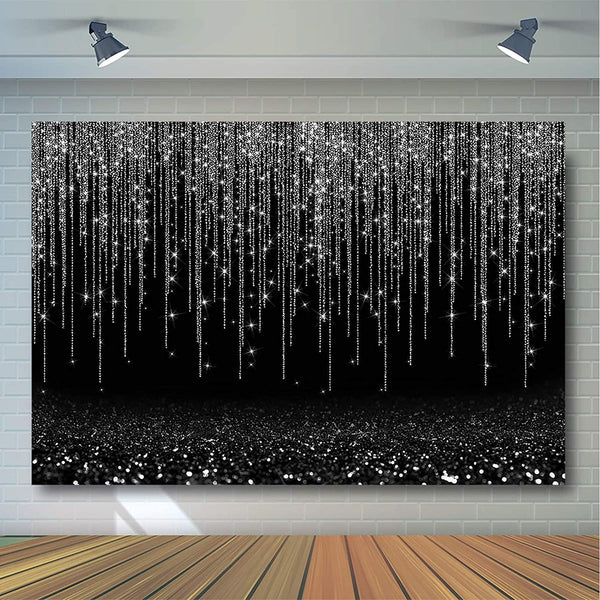 Black and Silver Glitter Sparkle Backdrop for Adult Kids Bday Party Decorations Photography Background - Hibrides