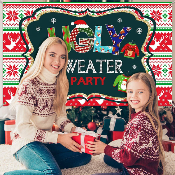 Ugly Sweater Party Supplies Large Fabric Red and Green Ugly Xmas Sweater Party Backdrop for Ugly Sweater - Hibrides