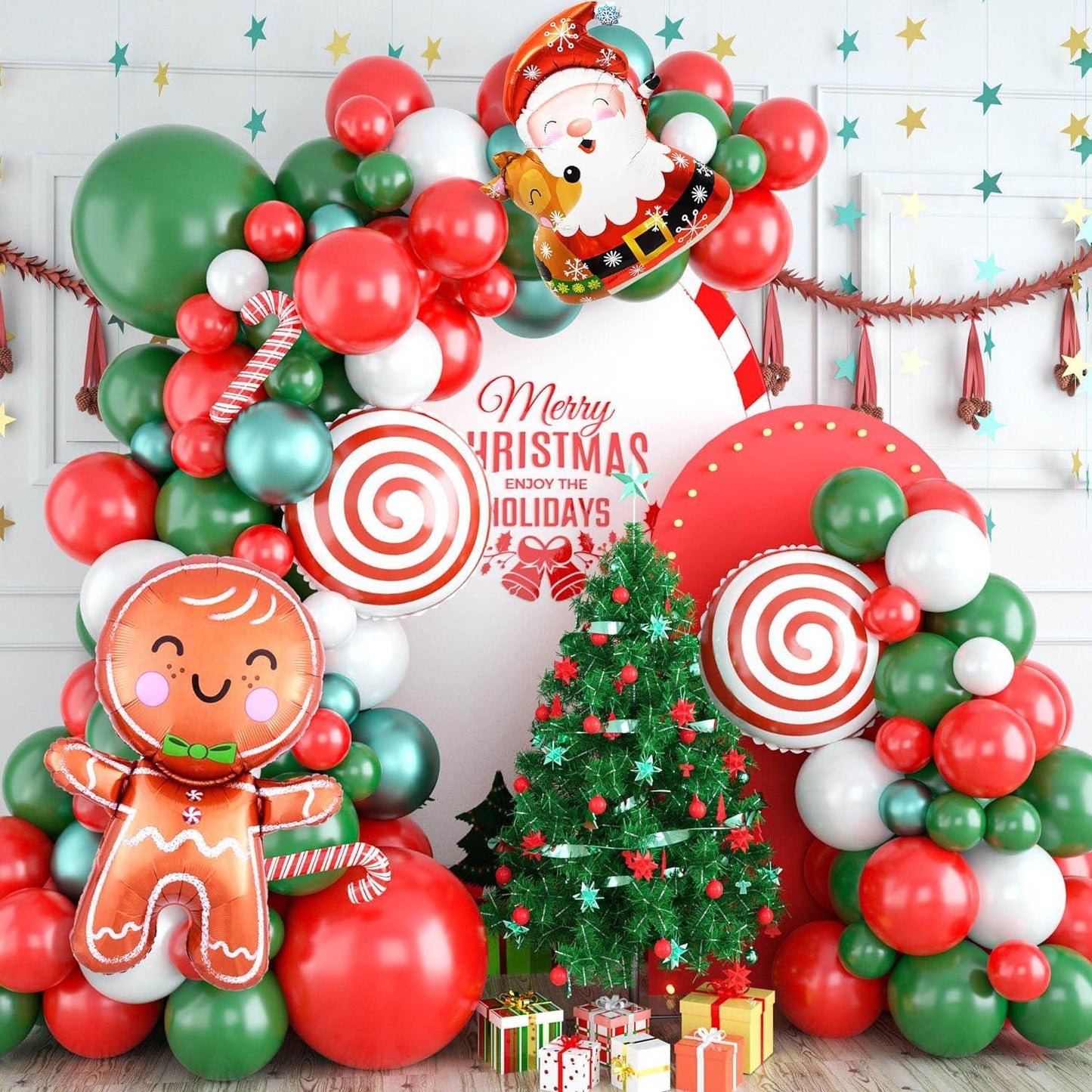 103PCS Christmas Balloon Garland Arch Kit, Christmas Balloon Arch with Metallic Green Red White Christmas Latex Balloons Snowflake Santa Christmas - Hibrides
