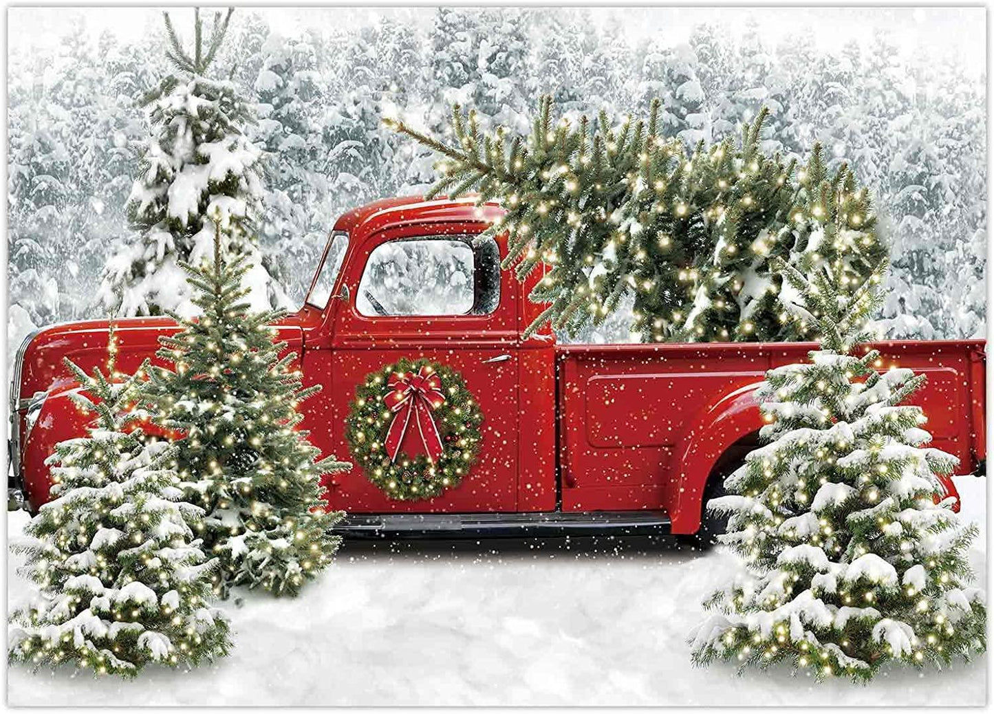 Christmas Red Truck Backdrop Winter Snowy Forest Tree Background - Hibrides