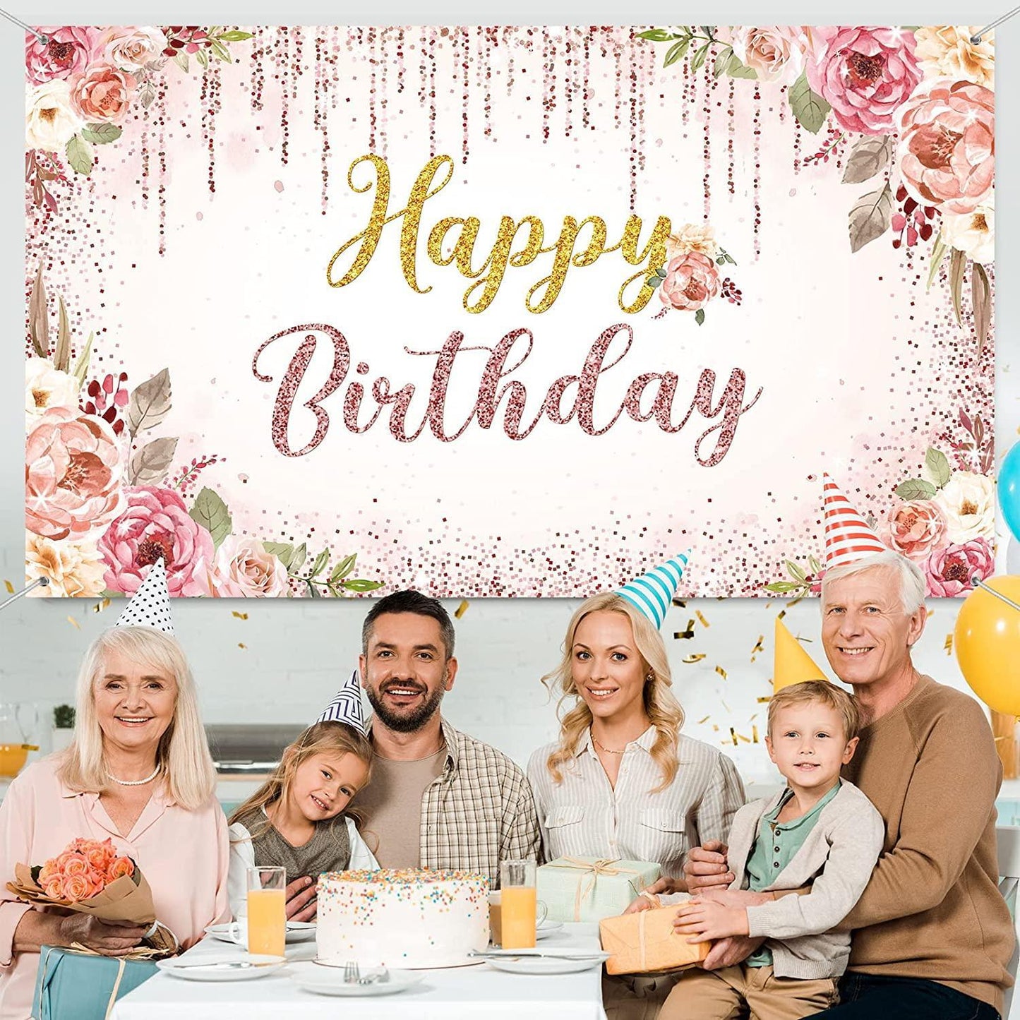 Rose Gold Happy Birthday Backdrop Decorations for Women Pink and Gold Background - Hibrides