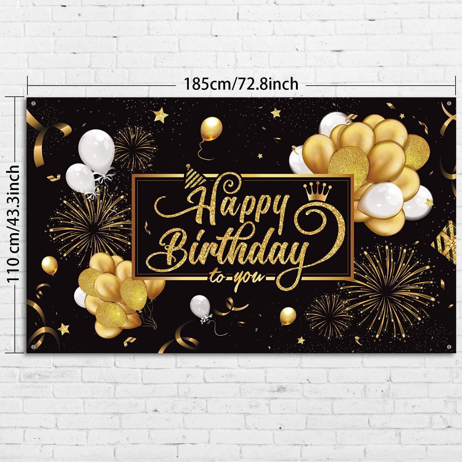 Happy Birthday Backdrop Banner Black and Gold Sign Poster Large Fabric Glitter Balloon Fireworks Sign - Hibrides