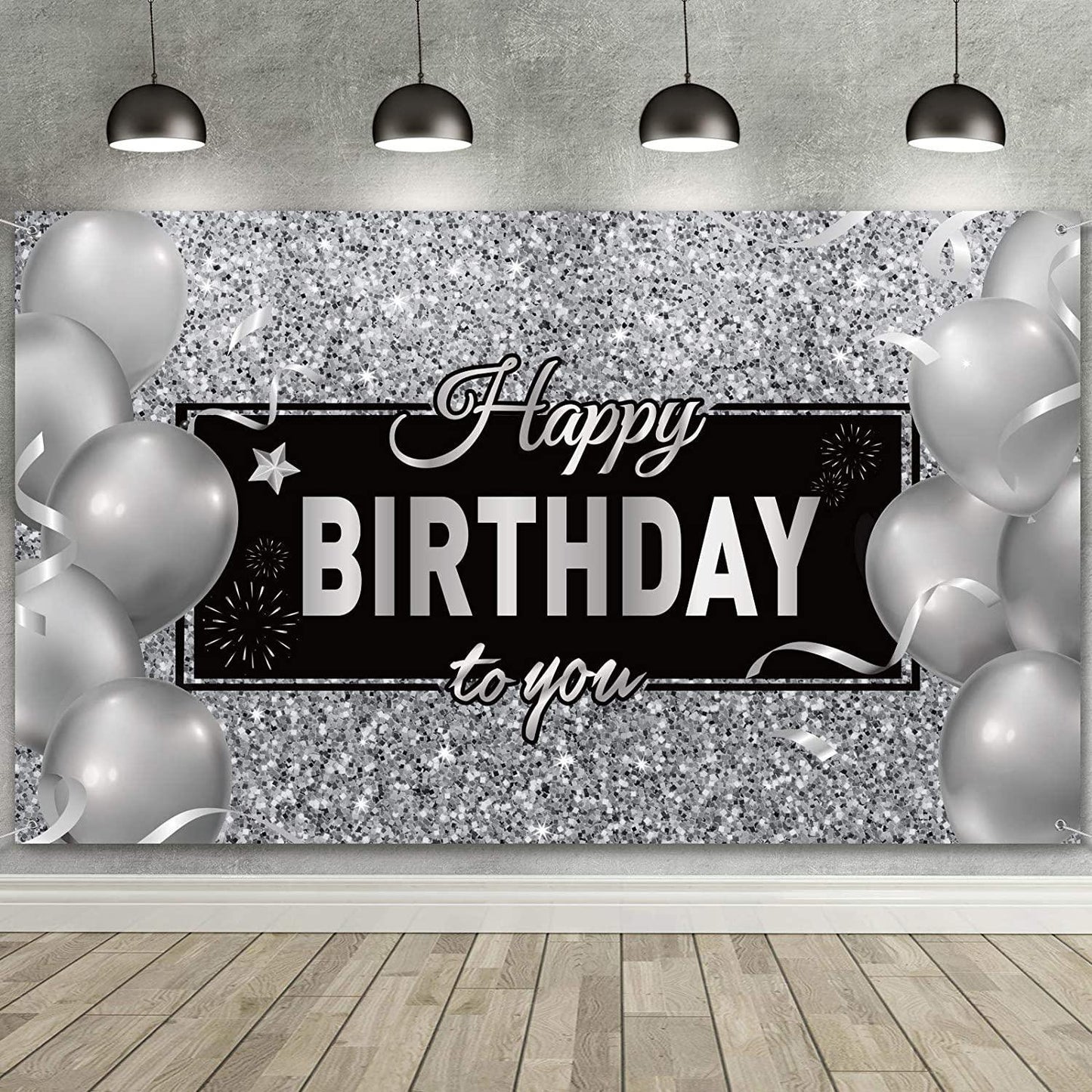Silver Happy Birthday Banner Backdrop Silver Birthday Party Decorations Black White Balloons - Hibrides