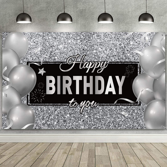 Silver Happy Birthday Banner Backdrop Silver Birthday Party Decorations Black White Balloons - Hibrides