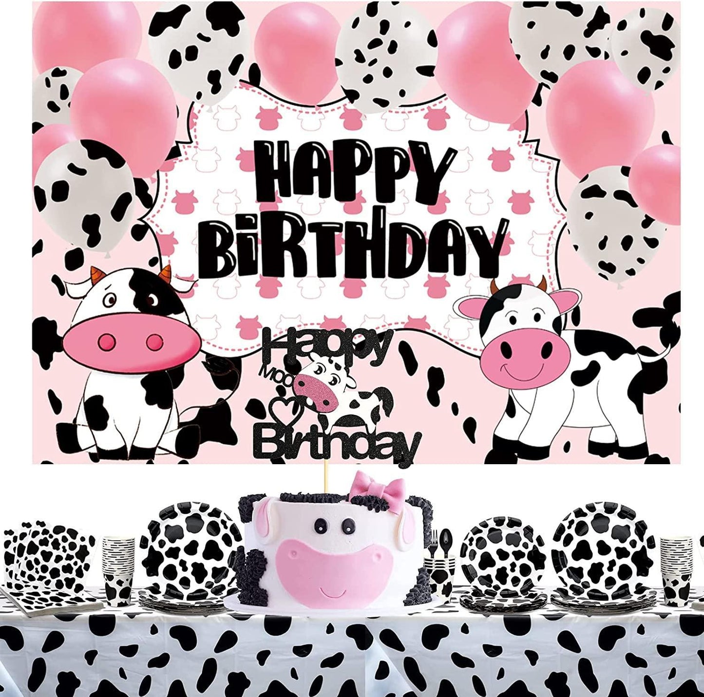 Cartoon Cow Happy Birthday Backdrop Banner Cow Party Decorations Pink White Cow Print Balloons Farm Animals Background - Hibrides