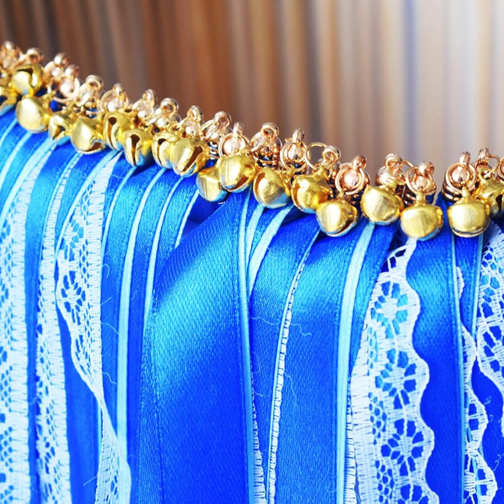 Handmade Royal Blue and Aqua Lace Wedding Ribbon Wands with Gold Bells