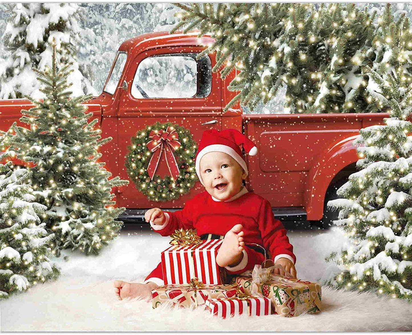 Christmas Red Truck Backdrop Winter Snowy Forest Tree Background - Hibrides