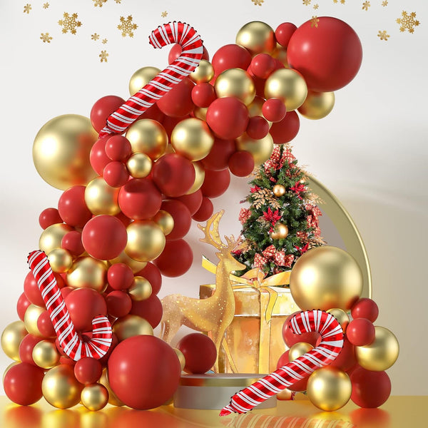 120PCS Christmas Balloons Garland Arch Kit Red and Gold Balloons Pack With Christmas Candy Cane