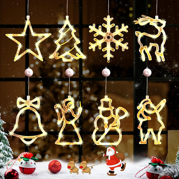 8pcs Christmas Window Decoration Lights, LED Battery Operated Silhouette Lights with Suction for Xmas