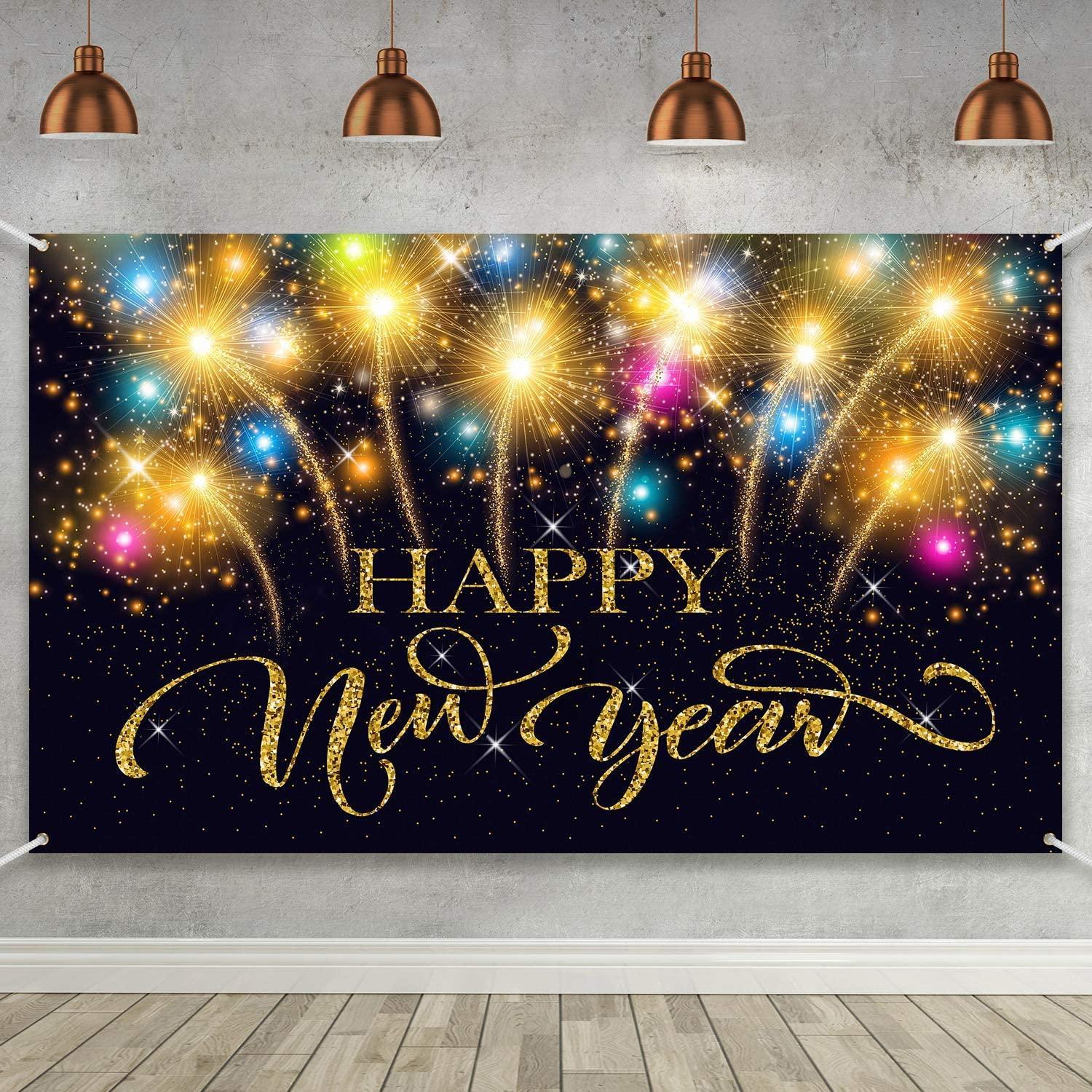 Happy New Year Party Decoration Supplies, Extra Large Fabric Happy New Year Banner for 2023 Party Decoration, - Hibrides