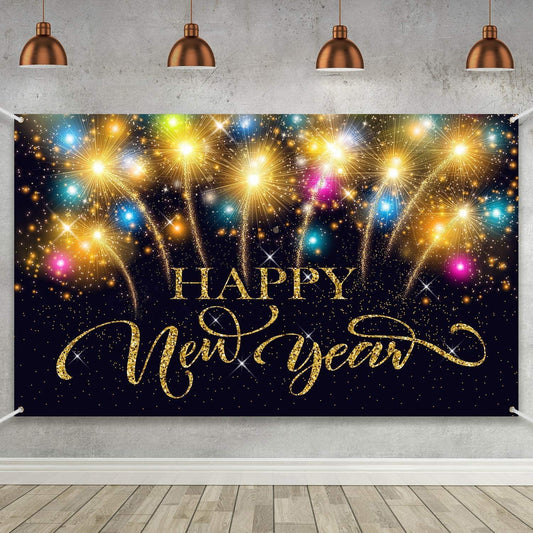 Happy New Year Party Decoration Supplies, Extra Large Fabric Happy New Year Banner for 2023 Party Decoration, - Hibrides