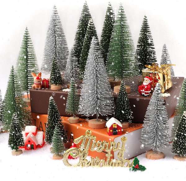30pcs Mini Christmas Trees- Artificial Christmas Tree Christmas with 5 Sizes Snow Trees with Wooden Base for Christmas - Hibrides