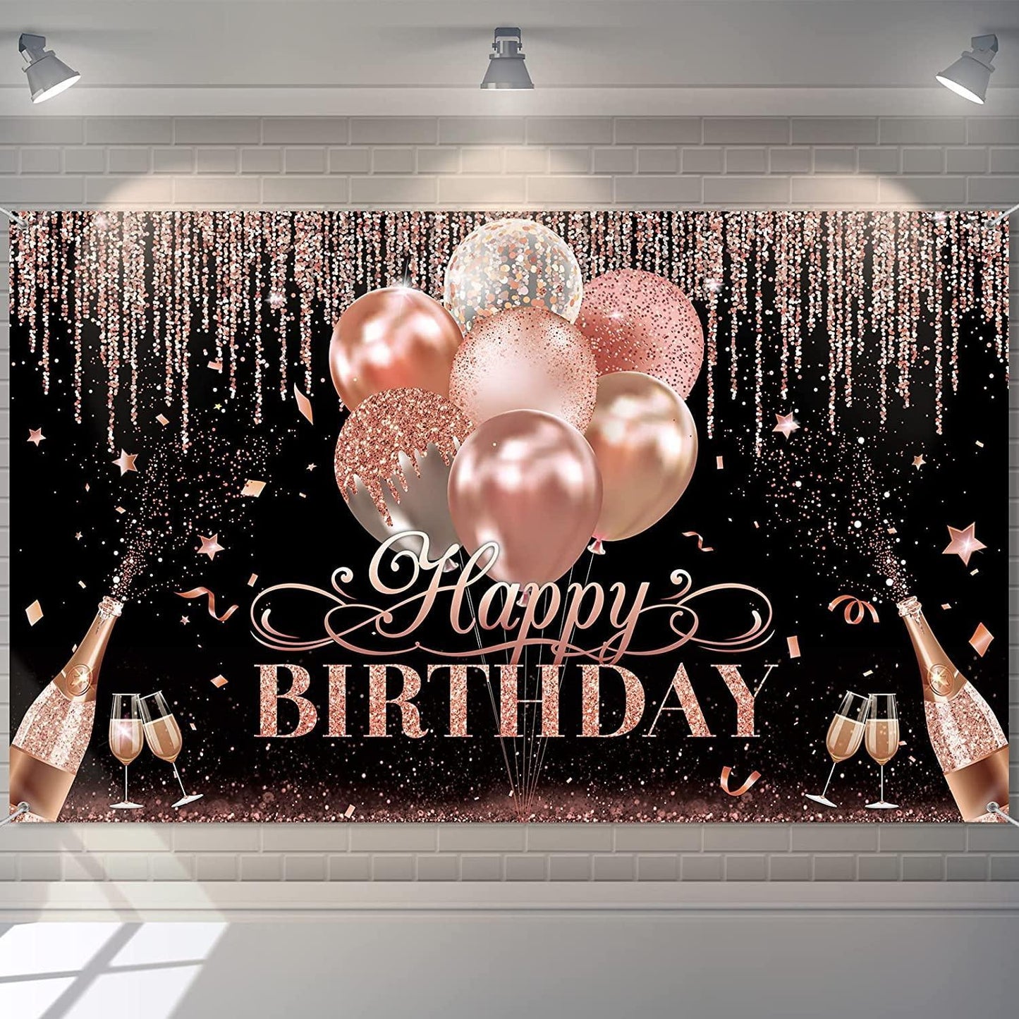 Black Silver Rose Gold Happy Birthday Party Decorations Glitter Balloon Birthday Party Backdrop for Women - Hibrides