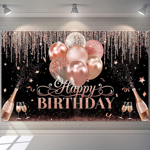 Black Silver Rose Gold Happy Birthday Party Decorations Glitter Balloon Birthday Party Backdrop for Women - Hibrides