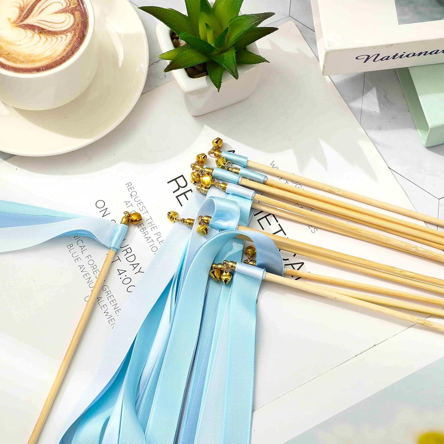 Handmade Wedding Ribbon Sticks with Bells Dusty Blue Streamers