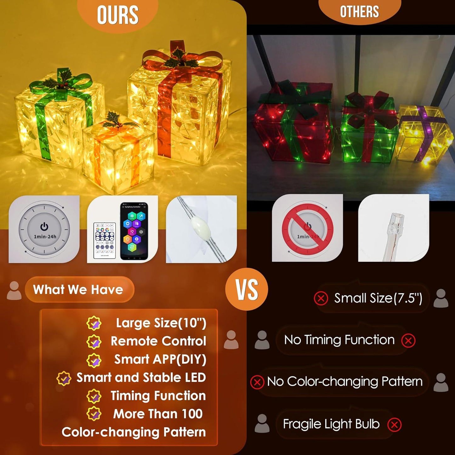 Set of 3 Large Christmas Lighted Gift Boxes Outdoor 10" with Remote Control, Smart Luxury Present Boxes for Christmas Decorations Indoors Outdoors - Hibrides