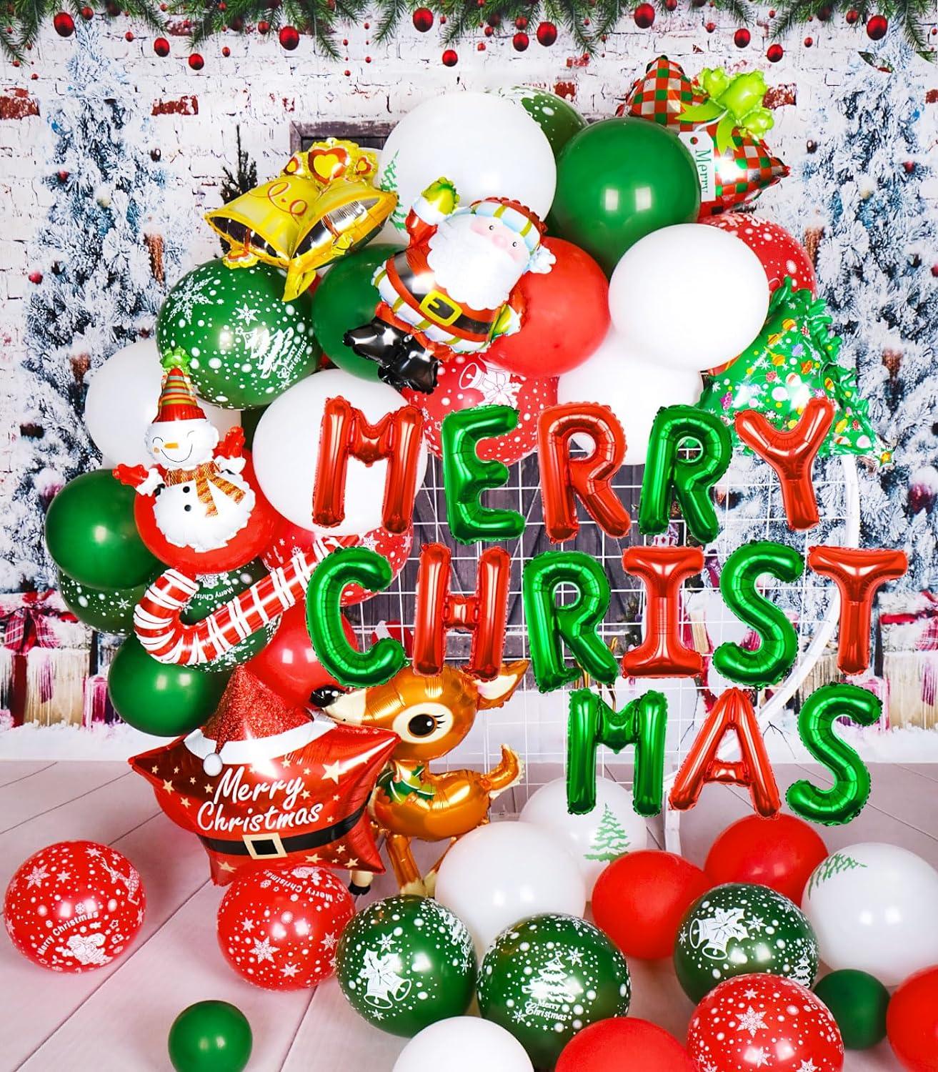 55PCS Christmas Balloon Garland Kit with Merry Christmas Alphabet 3D Tree Deer Santa Gift Box Bell Candy Cane Star Foil Balloons - Hibrides