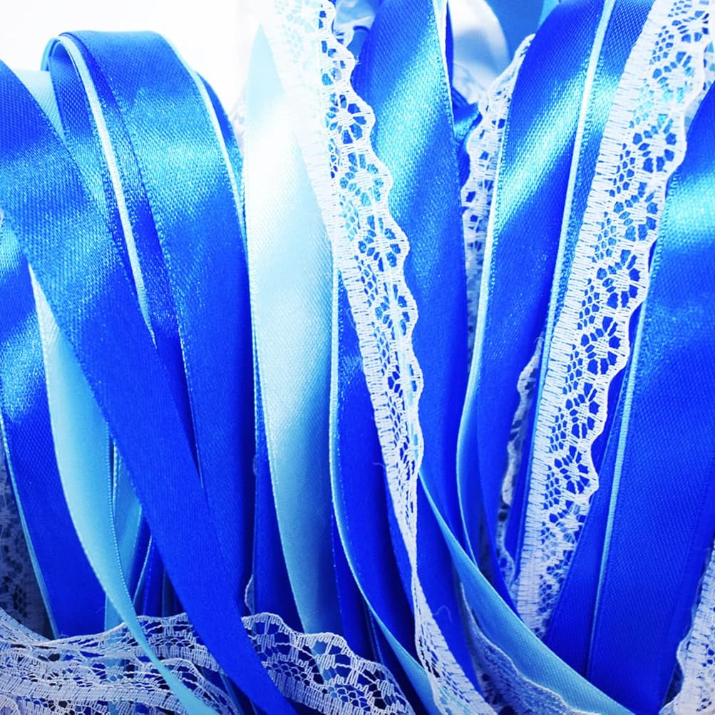 Handmade Royal Blue and Aqua Lace Wedding Ribbon Wands with Gold Bells