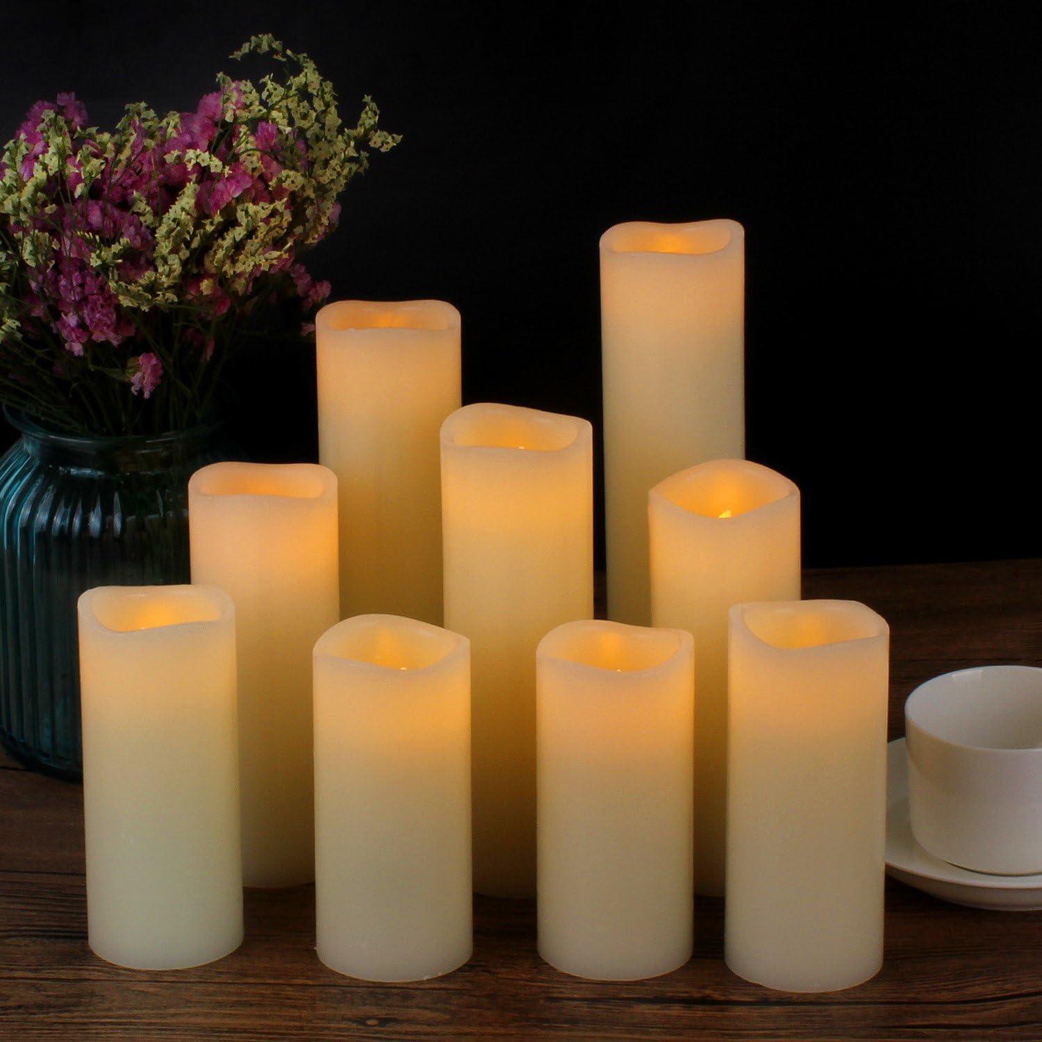 Set of 9 Flameless Candles Battery Operated Candles 4" 5" 6" 7" 8" 9" Ivory Real Wax Pillar LED Candles with 10-Key Remote - Hibrides