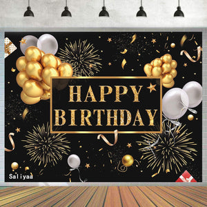 7x5ft Happy Birthday Backdrop Banner, Birthday Party Decor,Black Gold Poster Photo Booth Backdrop Background - Hibrides