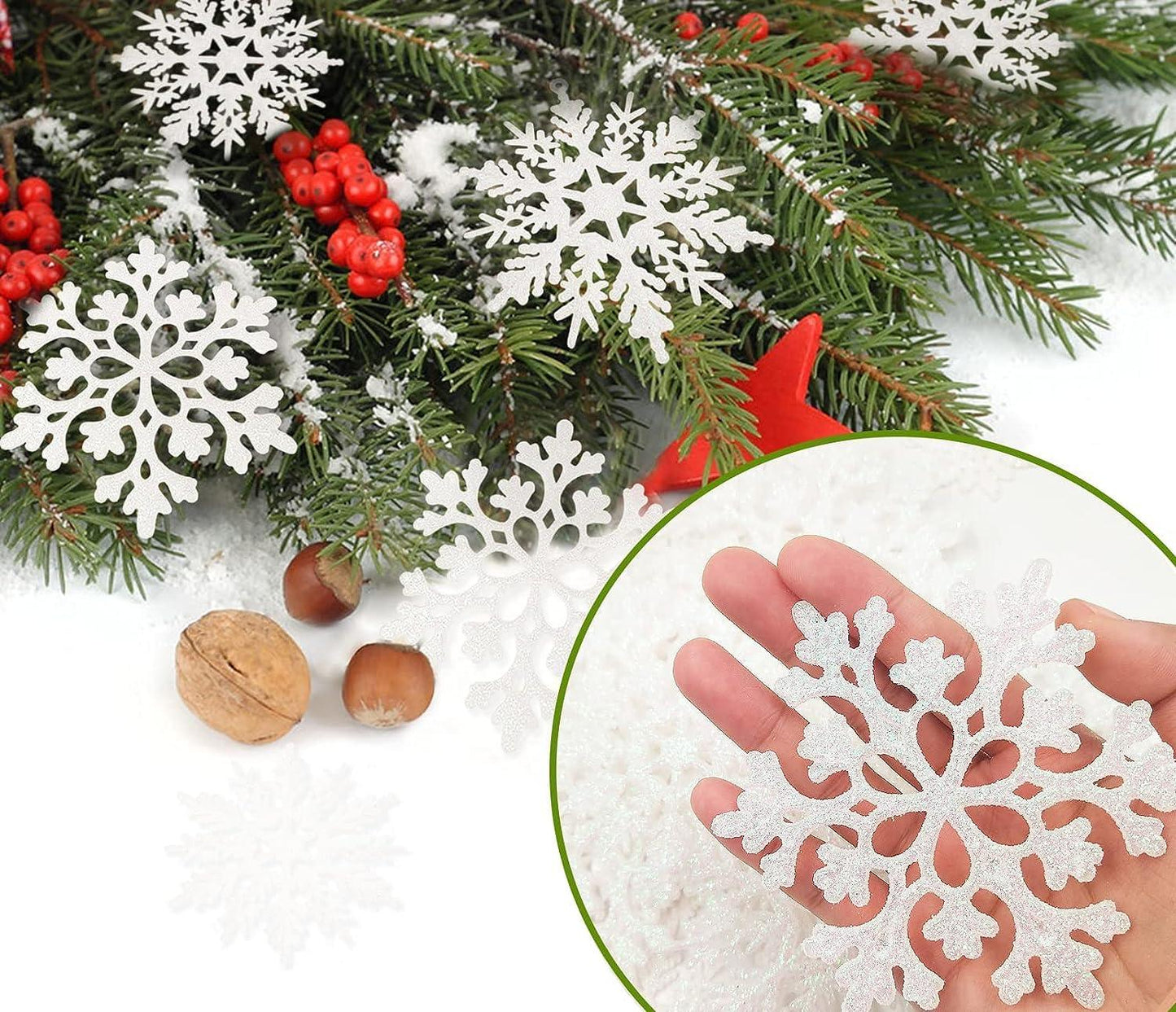 36pcs Christmas White Snowflake Ornaments Plastic Glitter Snow Flakes Ornaments for Winter Christmas Tree Decorations - Hibrides