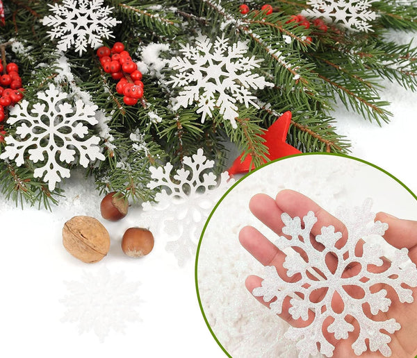 36pcs Christmas White Snowflake Ornaments Plastic Glitter Snow Flakes Ornaments for Winter Christmas Tree Decorations