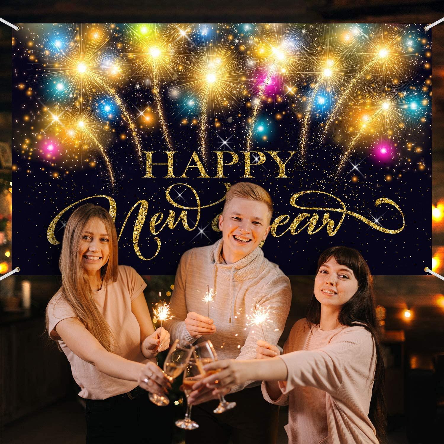 Happy New Year Party Decoration Supplies, Extra Large Fabric Happy New Year Banner for 2023 Party Decoration, - Hibrides