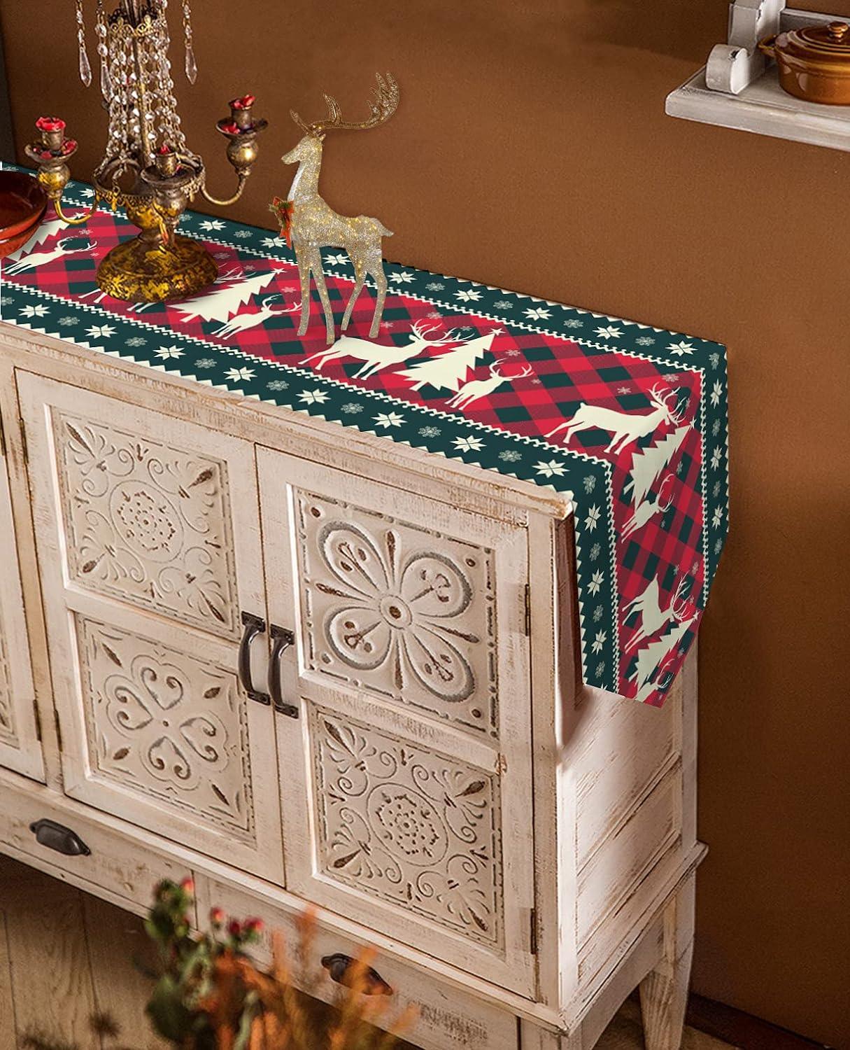 13X70 Inch Christmas Tree Elk Deer Table Runners Red Holiday Buffalo Checkered Plaid Non-Slip Burlap Table Runner - Hibrides