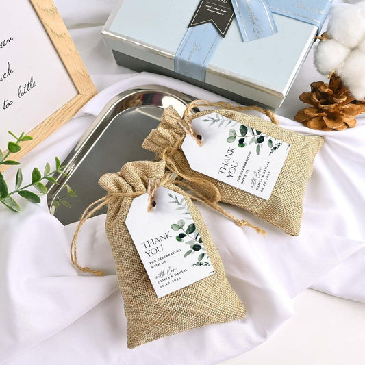 Personalized Burlap Wedding Gift/Favor Bags with Sage Green Favor Tags