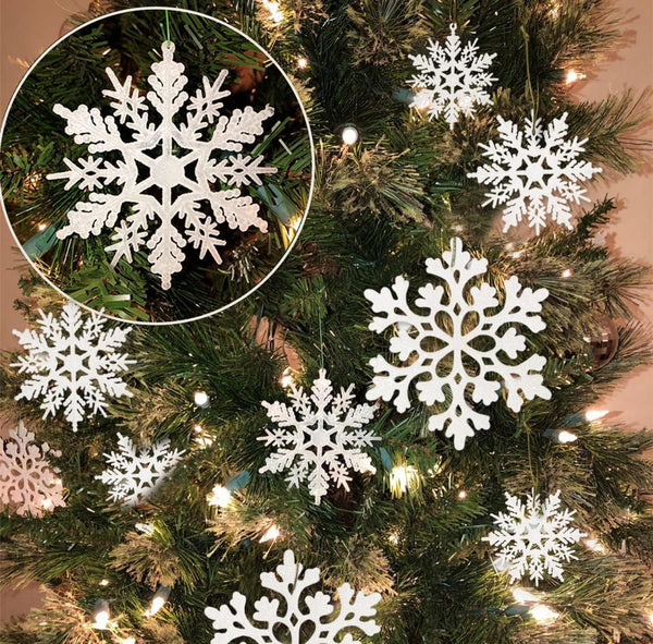 36pcs Christmas White Snowflake Ornaments Plastic Glitter Snow Flakes Ornaments for Winter Christmas Tree Decorations