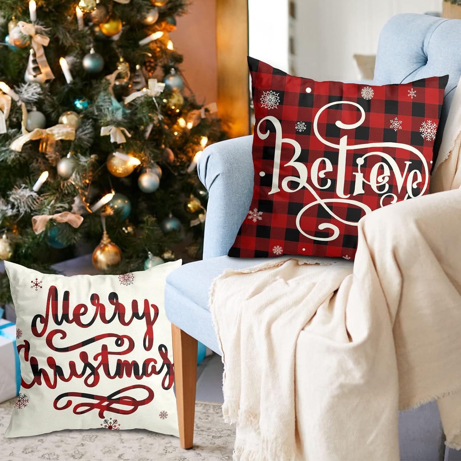 Set of 4 Christmas Decorations Christmas Pillow Covers 18x18 Inches Farmhouse Buffalo Plaid Black and Red Throw Pillow Case Winter Holiday Christmas Decor - Hibrides