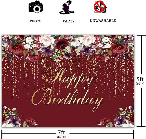 Happy Birthday Party Backdrop Burgundy Red Flowers Golden Glitter Floral Photography Background - Hibrides