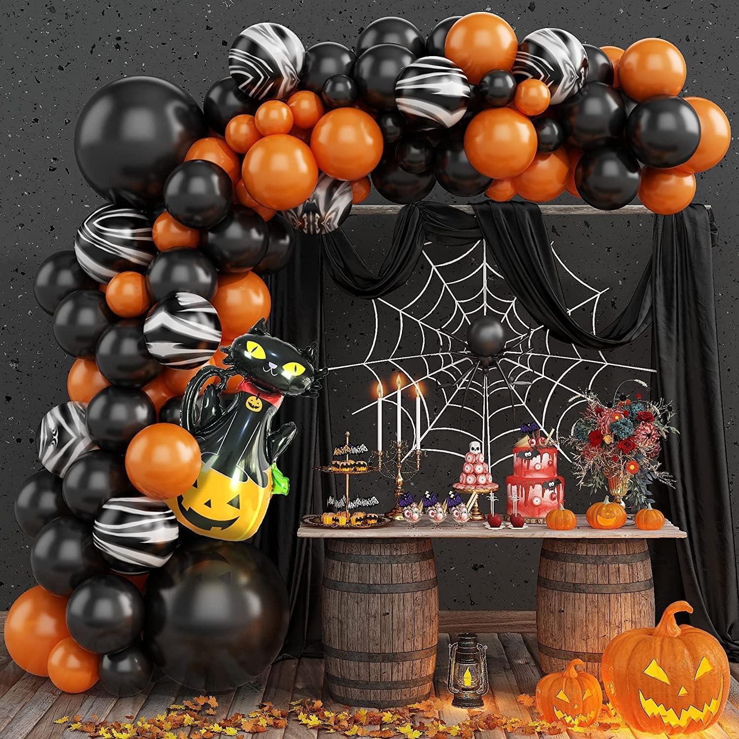 85pcs Halloween Balloon Garland Arch Kit, Black Orange Balloon Arch Garland Kit with Foil Cat Pumpkin Balloon and Marble Balloons for Halloween - Hibrides