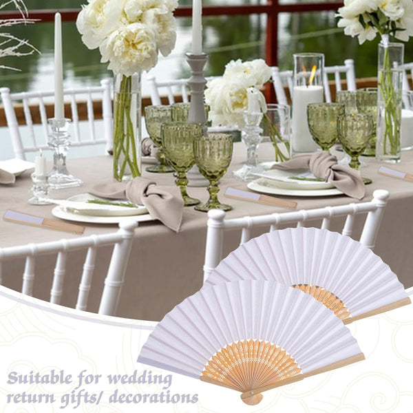  Bamboo Folding White Paper Hand Fan White for Wedding Party 3