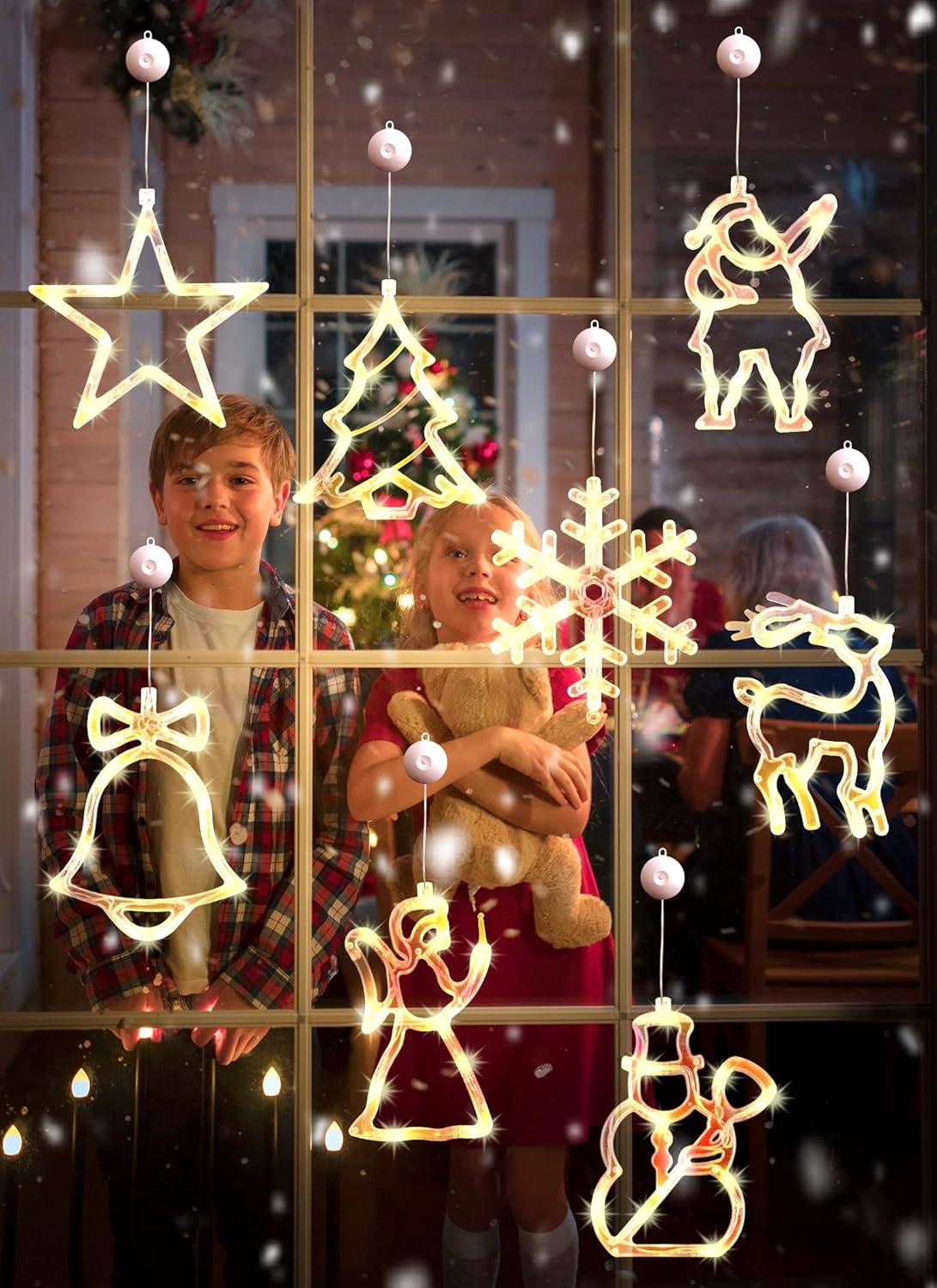 8pcs Christmas Window Decoration Lights, LED Battery Operated Silhouette Lights with Suction for Xmas - Hibrides