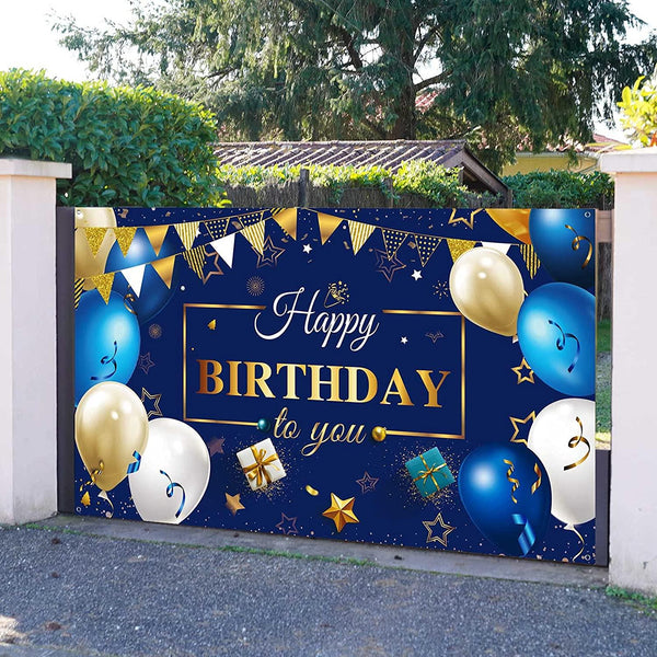 Happy Birthday Decorations Banner, Navy Blue and Gold Happy Birthday Sign Birthday Photo Backdrop - Hibrides