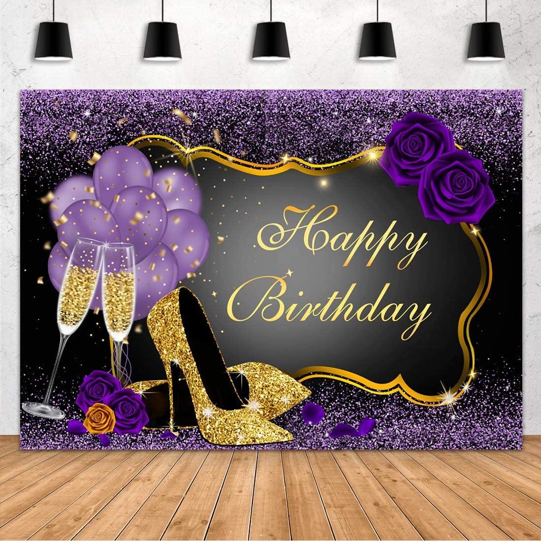 7x5FT Purple Happy Birthday Backdrop Rose Shiny Sequin High Heels Champagne Golden Frame Glasses Photography Background - Hibrides