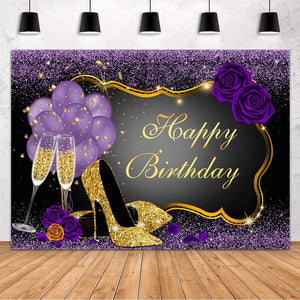 7x5FT Purple Happy Birthday Backdrop Rose Shiny Sequin High Heels Champagne Golden Frame Glasses Photography Background - Hibrides