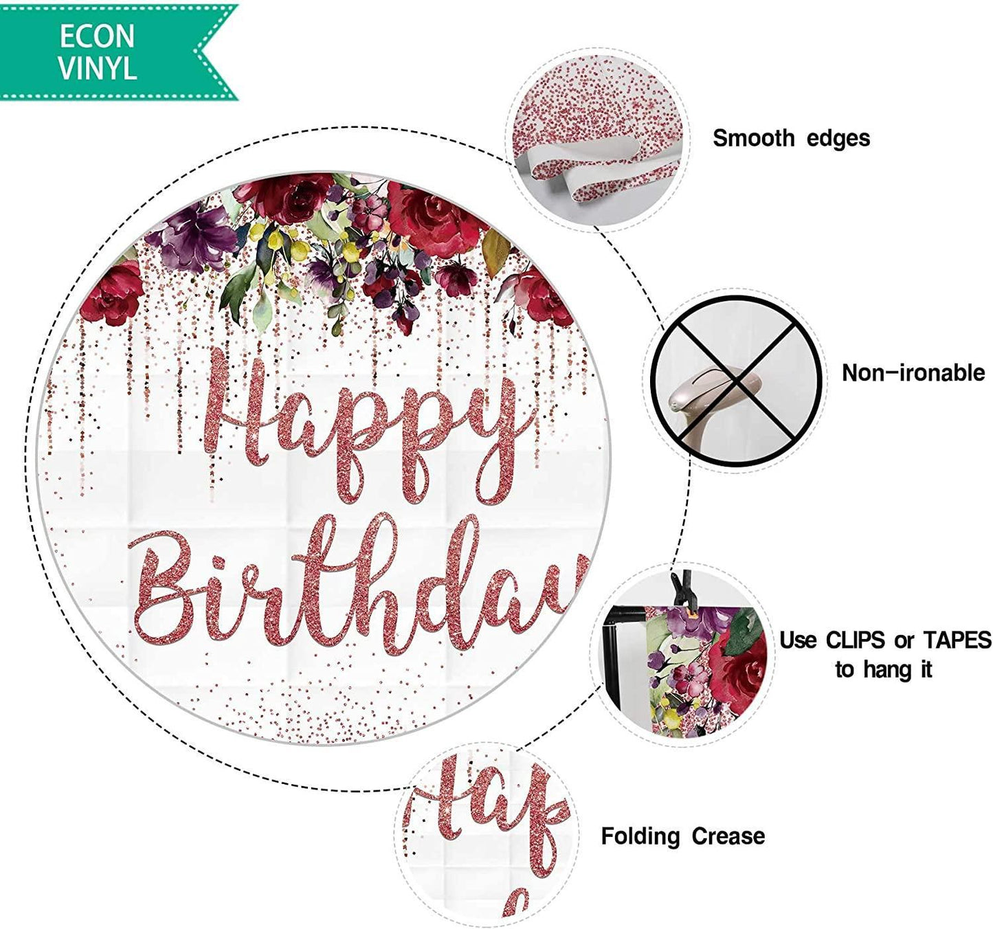 7x5ft Burgundy Red Floral Birthday Backdrop Rose Gold Glitter Blush Happy Birthday Party Supplies - Hibrides