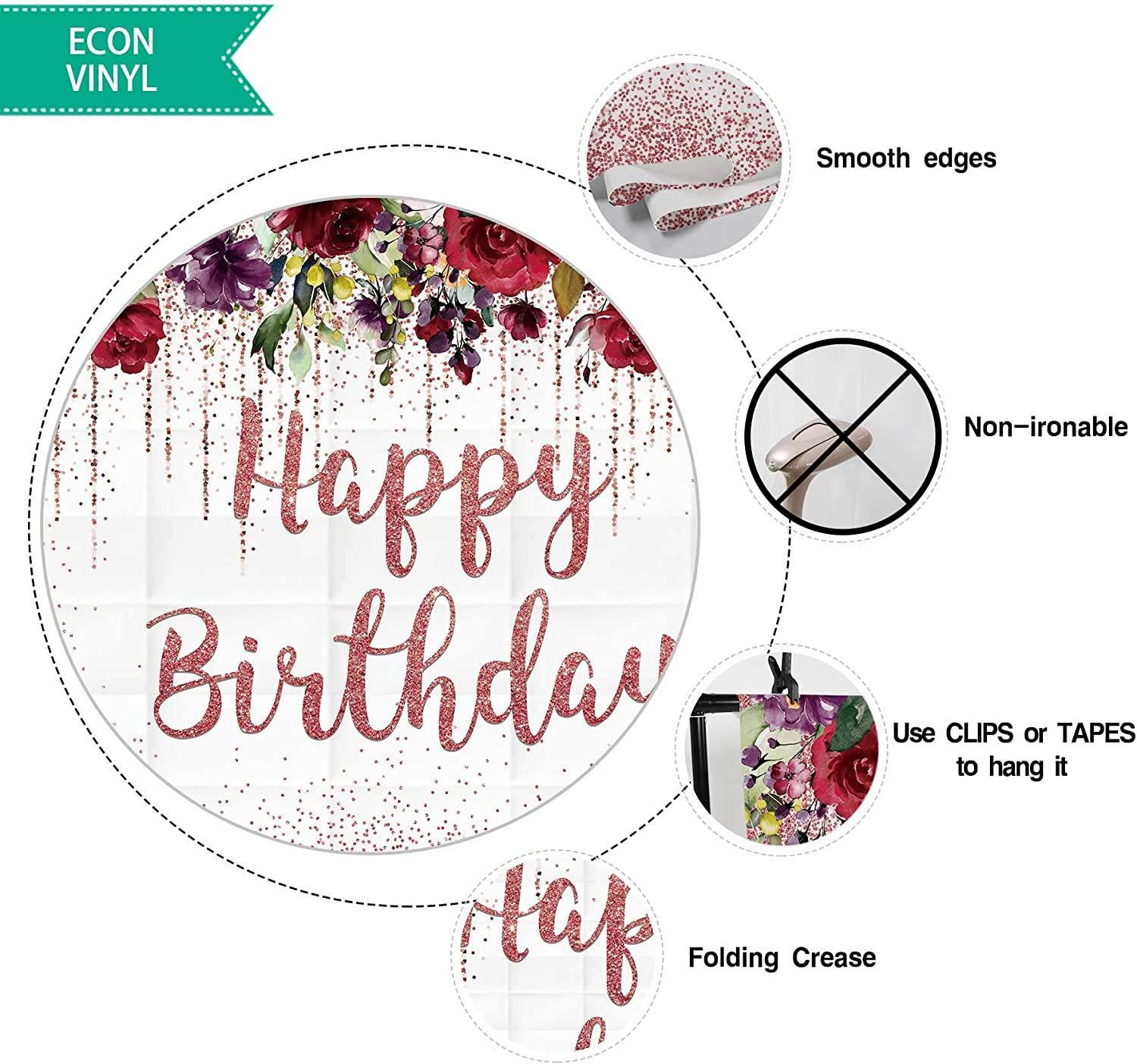 7x5ft Burgundy Red Floral Birthday Backdrop Rose Gold Glitter Blush Happy Birthday Party Supplies - Hibrides