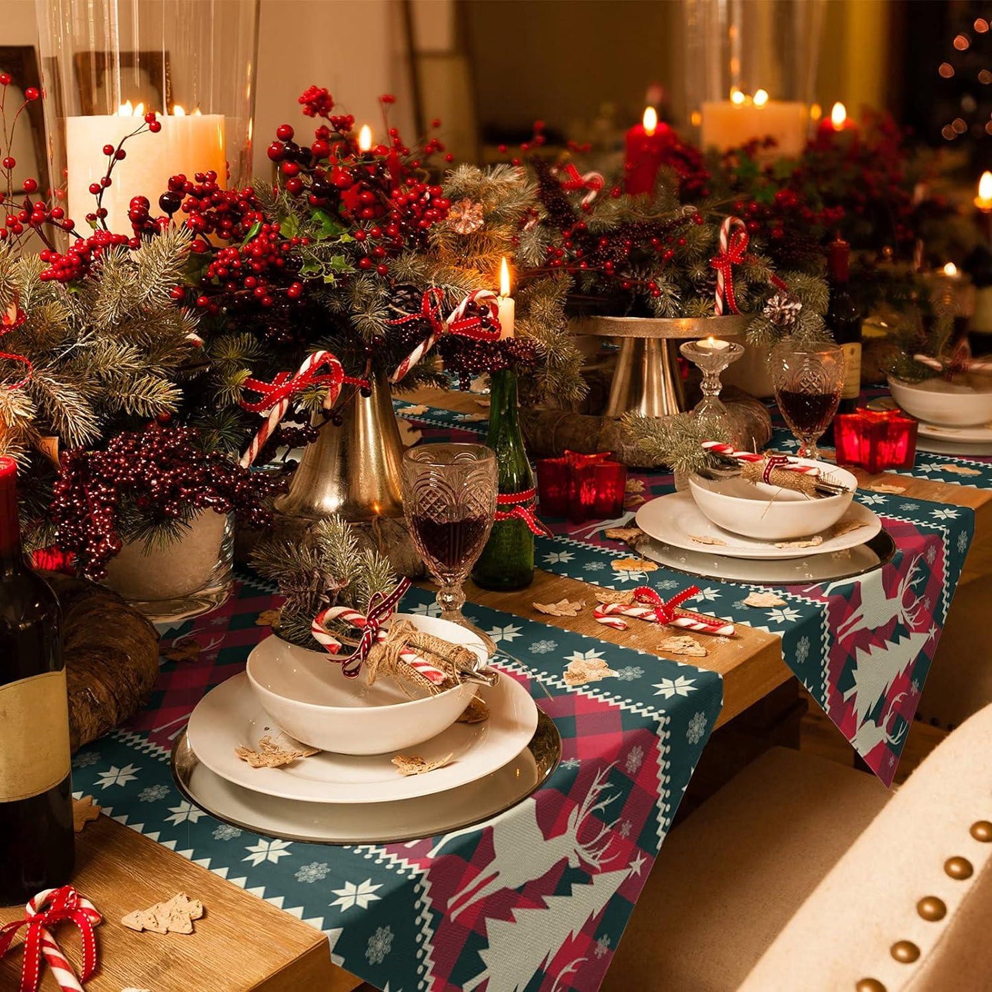 13X70 Inch Christmas Tree Elk Deer Table Runners Red Holiday Buffalo Checkered Plaid Non-Slip Burlap Table Runner - Hibrides