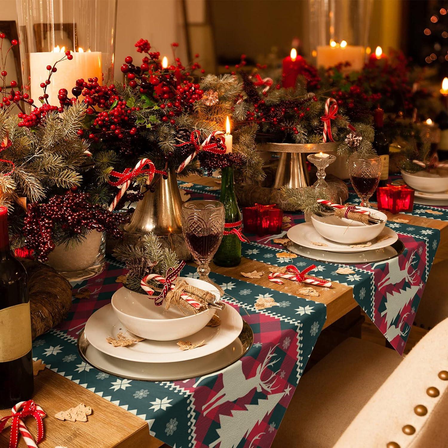 13X70 Inch Christmas Tree Elk Deer Table Runners Red Holiday Buffalo Checkered Plaid Non-Slip Burlap Table Runner - Hibrides