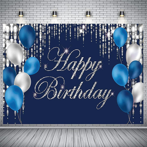 Happy Birthday Photography Backdrop Navy Blue and Silver Happy Birthday Sign - Hibrides