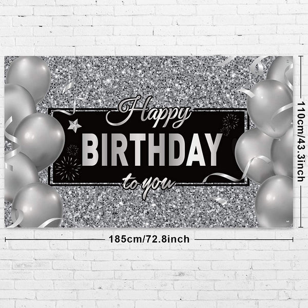 Silver Happy Birthday Banner Backdrop Silver Birthday Party Decorations Black White Balloons - Hibrides