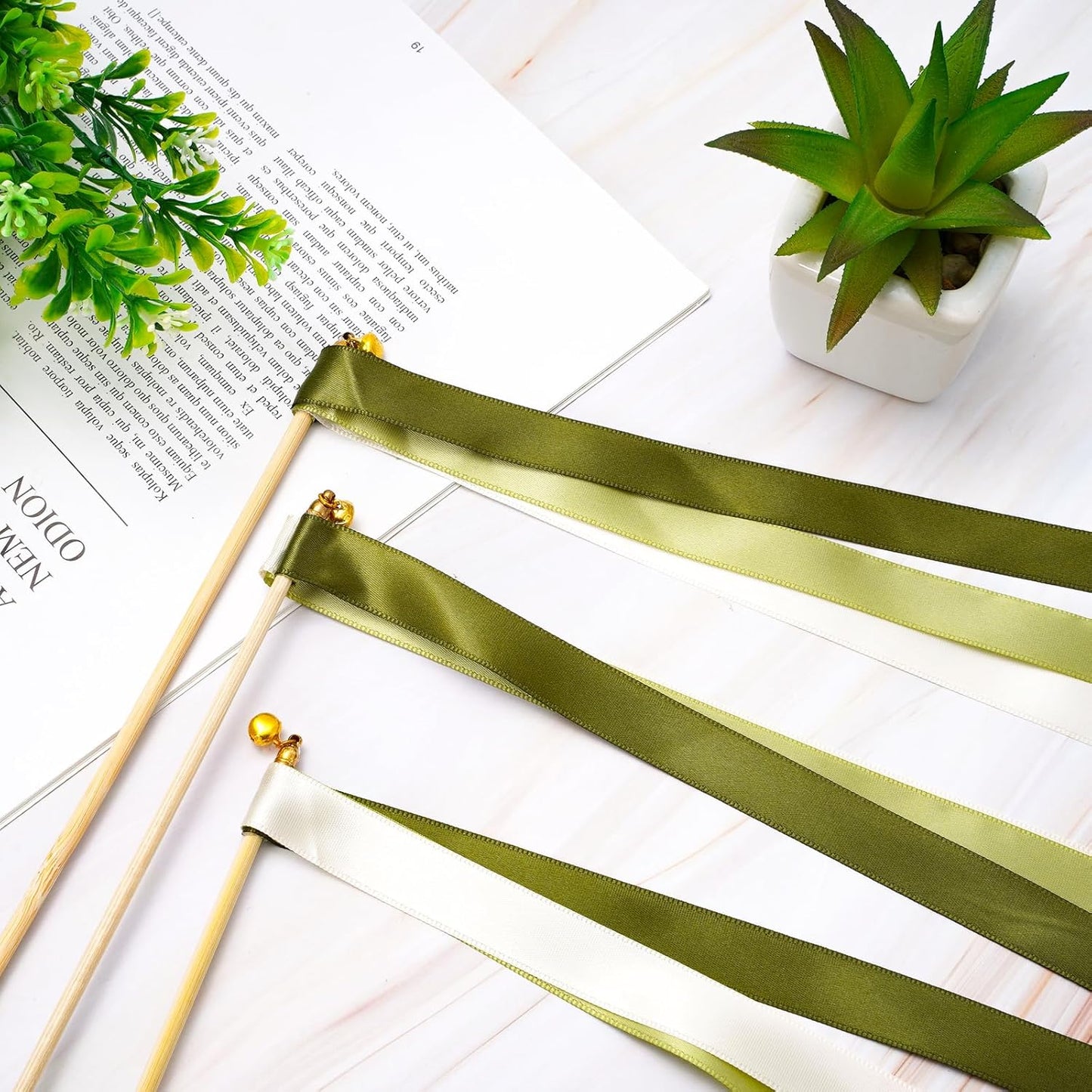 Handmade Wedding Ribbon Sticks with Bells White Sage Green Streamers