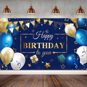 Happy Birthday Decorations Banner, Navy Blue and Gold Happy Birthday Sign Birthday Photo Backdrop - Hibrides