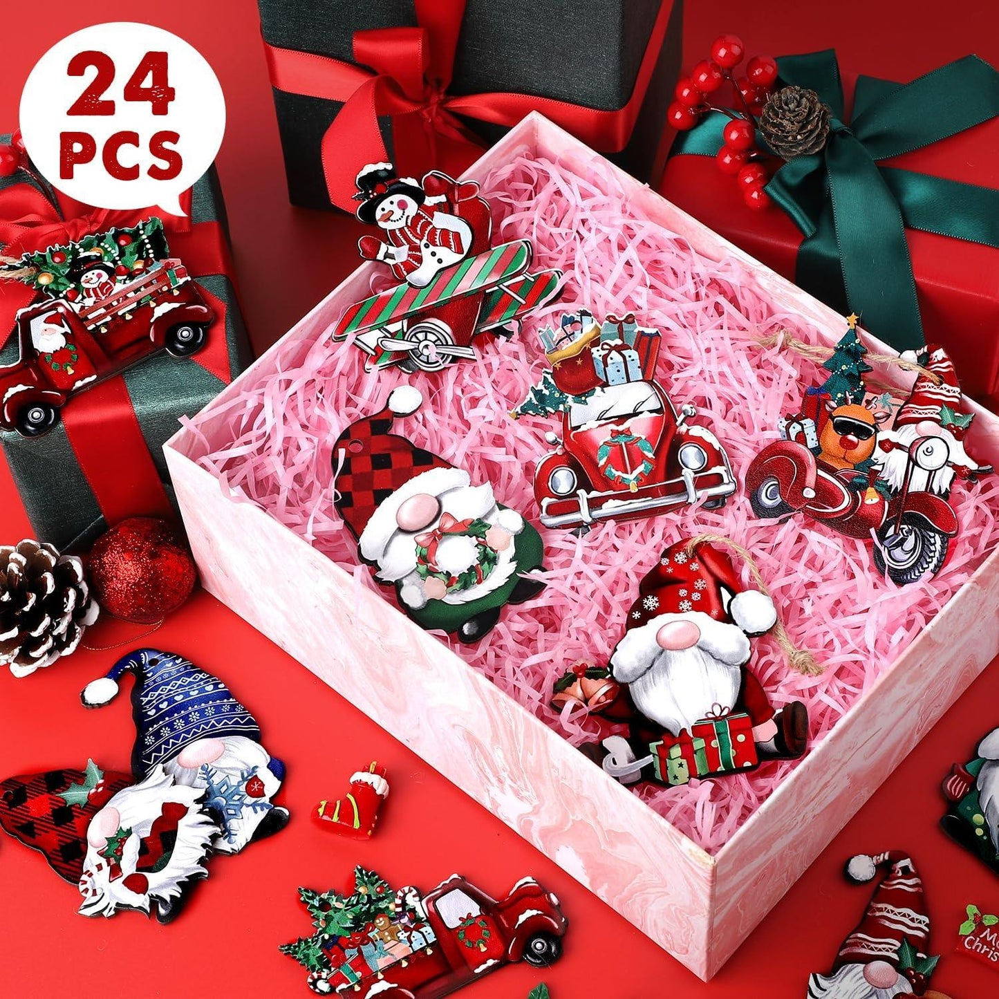 24PCS Red Truck Decor Red Christmas Ornaments Car Ornaments for Holiday Decor Xmas Party Supplies - Hibrides